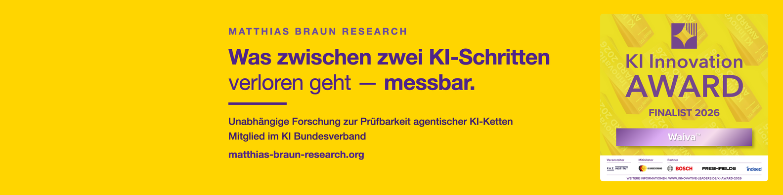 Matthias Braun Research — Finalist, KI Innovation Award 2026. Veranstalter: F.A.Z. Institut und KI Bundesverband.
